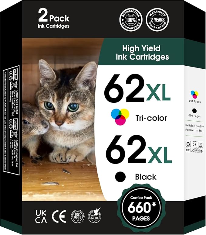 62XL 62 XL Ink Cartridges Black and Color for 62 Ink Cartridge Combo Pa