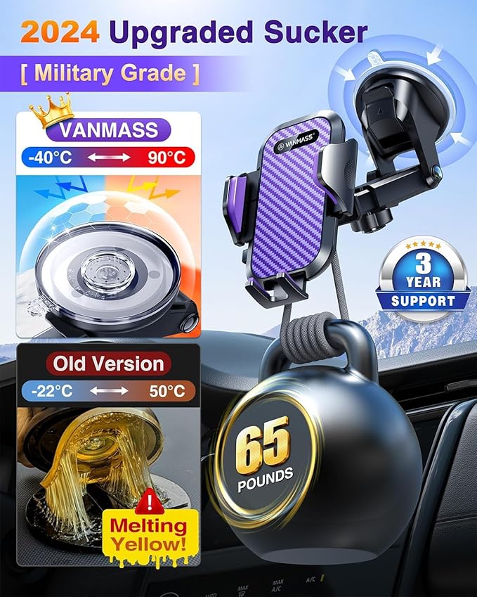 VANMASS Phone Holders for Your Car 2026 Ultimate Phone Mount Military-Grade Windshield Dashboard Vent【Newest Best Strongest】 Cell Phone Car Mount for iPhone 16 Pro Max 15 Samsung Android,Purple