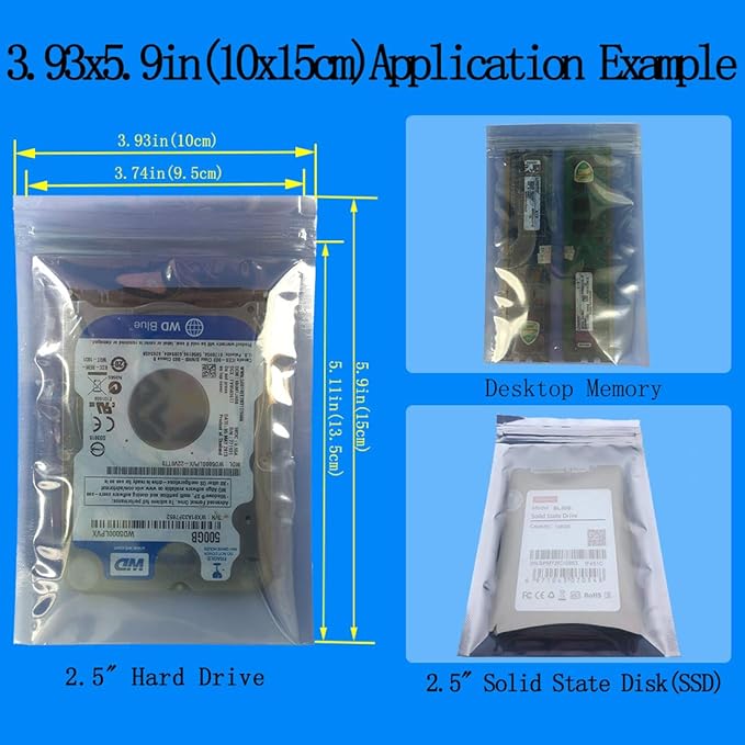 Daarcin Anti Static Bags,ESD Bags,100pcs Mixed Sizes Antistatic Resealable Bag for 3.5 Hard Drive, 2.5 Solid State Drive with Labels, ESD Shielding Bag for Varieties of Electronic Device