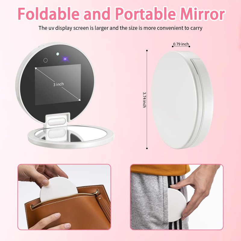 DESCHEN UV Camera Mirror for Sunscreen Test, 2X Makeup Mirror with Lights and Magnification, Rechargeable 3.8 Inch Portable Pocket Mirror for Skin Protection