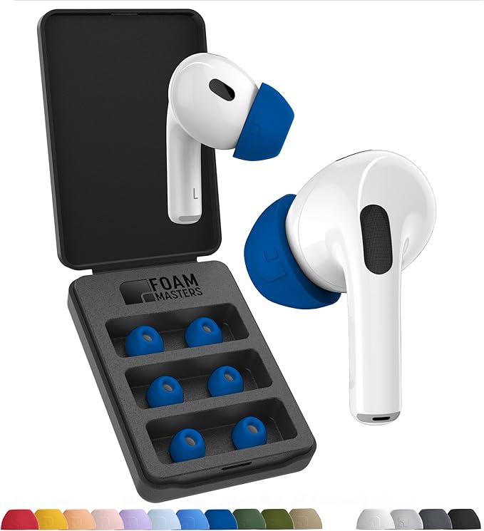 Foam Masters Ultra-Premium Memory Foam Ear Tips for AirPods Pro 1st & 2nd Gen | 3 Pairs | New Ver. | Secure Fit | Super Comfort | Better Noise Cancel | Replacement Buds (Large, Blue)