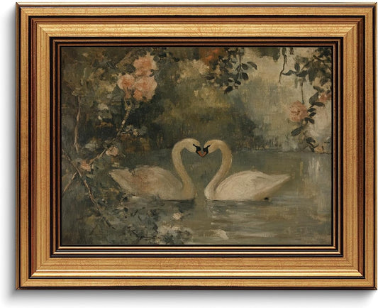 Skiennix Gold Framed Vintage Swan Canvas Art - Romantic Cottagecore Wall Decor | 8x10in Aesthetic Prints