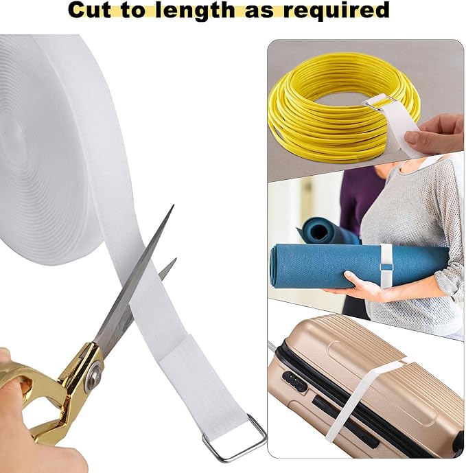 YMCRLUX 1"x16ft Hook and Loop Straps with 25 Metal Buckles, Adjustable Fastening Cable Straps, Cut-to-Length Cinch Strap, Reusable Nylon Securing Cord Ties for Organizer or Storage, 1 inch Wide, White
