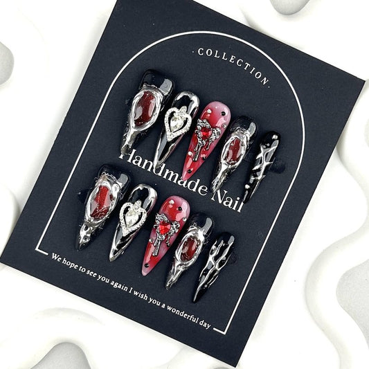 100% Handmade Press on Nails Halloween Nail Press ons Medium Almond Black Fake Nails with Skeleton Silver Charms Design Halloween Press on Nail Gothic Reusable Handmade Nails for Women Girls Size M