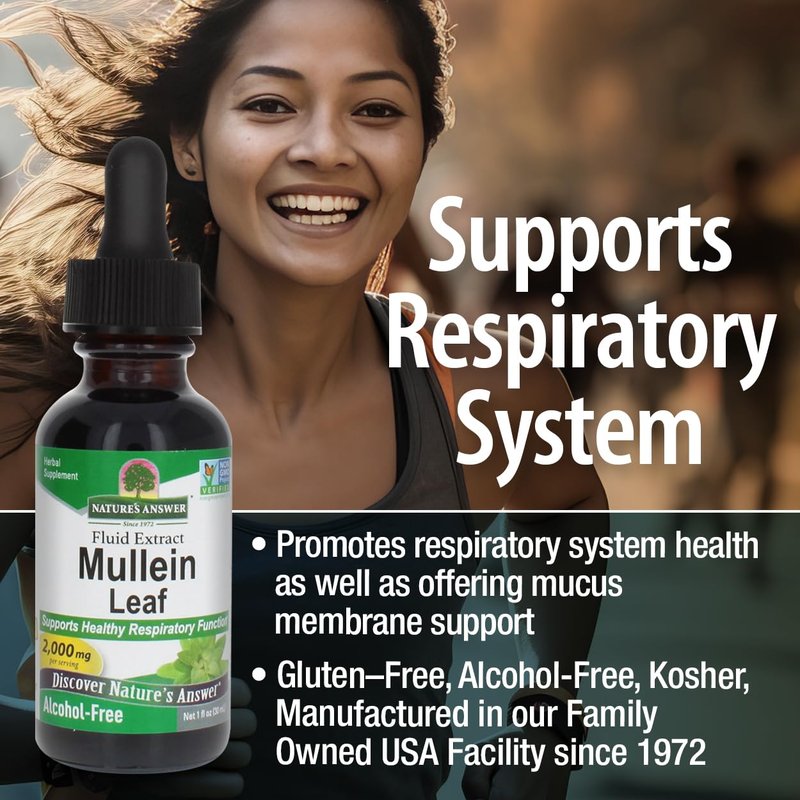 Nature's Answer Mullein Herb - Mullein Leaf Extract for Lungs - Alcohol Free, Non GMO, Made in USA - Supports Respiratory Function & Promotes Healthy Lungs - Mullein Leaf 1 Ounce Extract