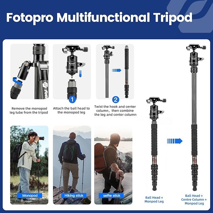 Fotopro 62" Carbon Fiber Travel Tripod, Lightweight Compact Camera Tripod with Ball Head and Arca-Swiss Quick Release Plate, Detachable Monopod, Carry Bag, Load up to 8KG/17.63lbs, Weighs only 2lbs.