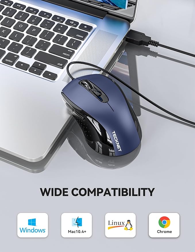 TECKNET USB Wired Mouse, 3600DPI Corded Computer Mouse with 4 Adjustable Levels, 6-Button 5FT Cord Ergonomic Mice, Home and Office Mice for Laptop PC Desktop Notebook - Blue