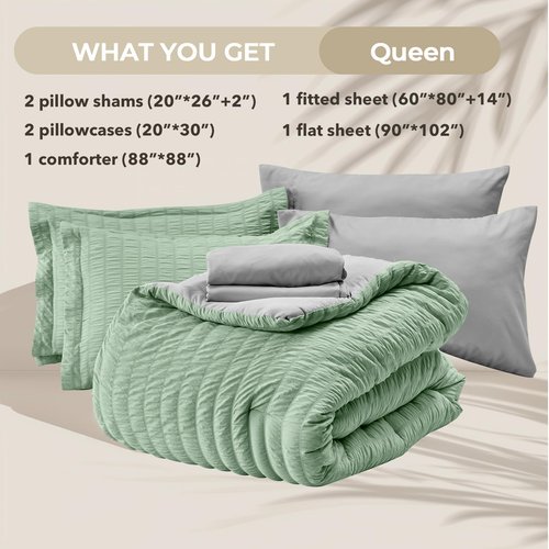 HYMOKEGE Sage Green/Light Grey Queen Comforter Set Seersucker 7 Pieces, All Season Luxury Bed in a Bag Queen for Bedroom, Bedding Set with Comforter, Sheets, Pillowcases & Shams