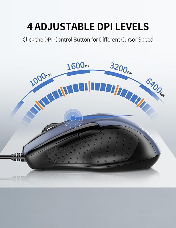 TECKNET USB Wired Mouse, 6-Button Corded Mouse with 2 Adjustable DPI, Optical Computer Mouse with Ergonomic Design and 5FT Cord for Laptop, Chromebook, PC, Desktop, Mac, Notebook-Blue