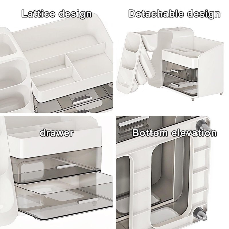 DASITON Makeup Organizer with Brush Holder for Vanity, Bathroom Countertop Organizer with 2 Drawers, Large skincare storage organizers for perfume, lipstick, Nail Polishes and Beauty Essential (White)