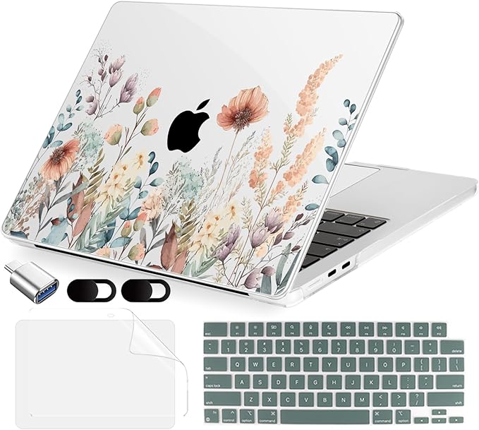 MecBevia Compatible with 2026 M5 MacBook Air 13 inch Case 2026 2025 2024-2022 M5 A3449 M4 A3240 M3 A3113 M2 A2681, Keyboard Cover, Screen Protector, Webcam Cover & Type-C OTG, Abstract Flower