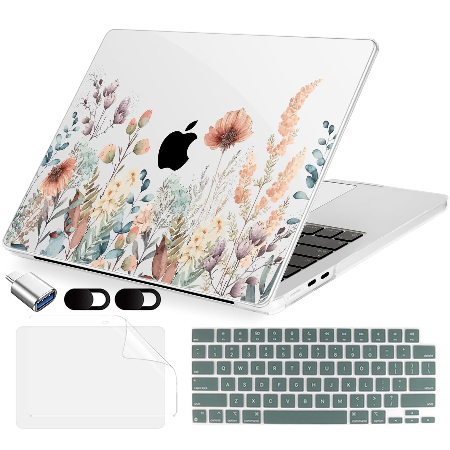 MecBevia Compatible with 2026 M5 MacBook Air 15 inch Case, 2026 2025-2023 M5 A3448 M4 A3241 M3 A3114 M2 A2941, Keyboard Cover, Screen Protector, Webcam Cover & Type-C OTG, Abstract Flower