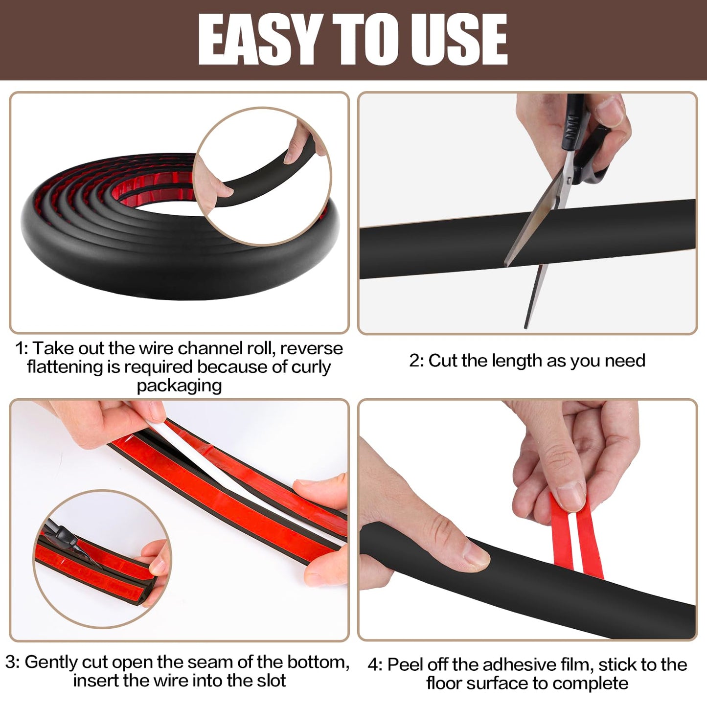Floor Cord Cover Self Adhesive Cord Hider,3.3FT Cable Management, Extension Strip Protector for Wires, Prevent Cable Trips for Offices, Gyms, Exhibitions Cavity:0.3"(W) x 0.28"(H) Black