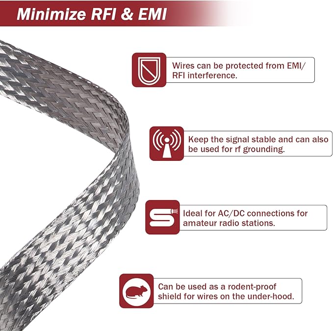 BuyUneed Tinned Copper Metal Braid Sleeving Wire Shielding Sleeve Braided Copper Ground Straps EMI/RFI Interference Expandable Flat Mesh Shielding Cable for Protect Wire (5/16inch-22ft)