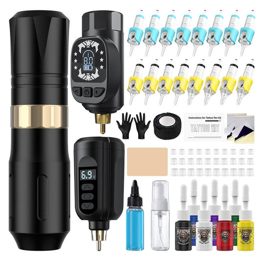 HAWINK Tattoo Pen Kit Rotary Gun Machine with Tattoo Power Supply 20Pcs Cartridge 7 inks 154KITP199-1