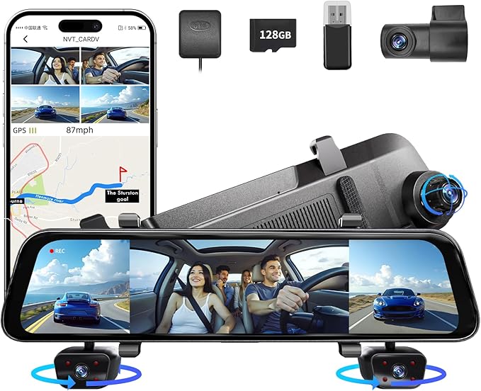 2026 Rearview Mirror Camera,4 Channel Mirror Dash Cam Front and Rear,Rear View Mirror Backup Camera for Cars & Trucks,12" Touch Screen,Built-in 5.8GHz WiFi,GPS,IR Night Vision,Free 128GB SD Card