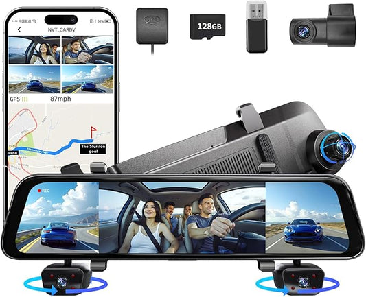 2026 Rearview Mirror Camera,4 Channel Mirror Dash Cam Front and Rear,Rear View Mirror Backup Camera for Cars & Trucks,12" Touch Screen,Built-in 5.8GHz WiFi,GPS,IR Night Vision,Free 128GB SD Card