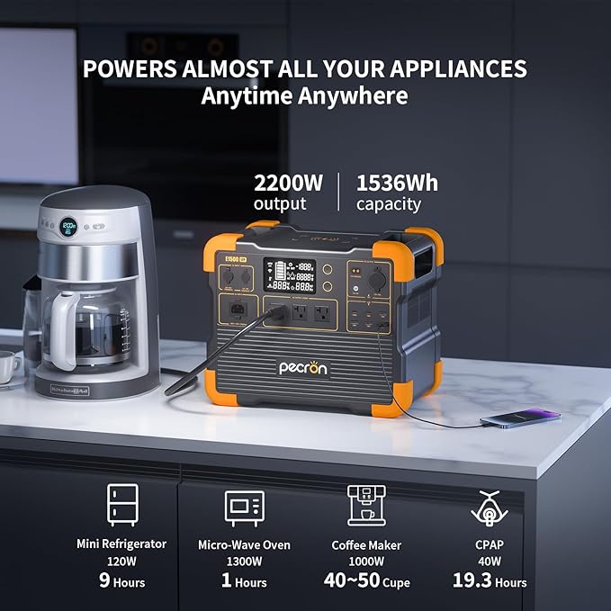PECRON Portable Power Station, E1500LFP Solar Generator 1536Wh, 2200W AC Output LiFePO4 Battery Backup, Fast Charging Power Station for Home use, RV, and Outdoor Camping