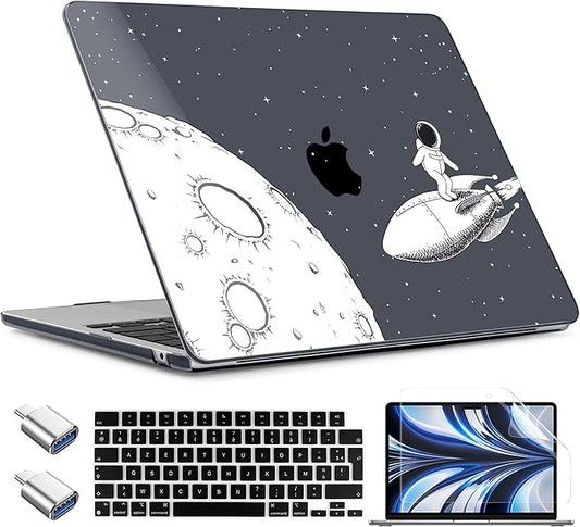TWOLSKOO for MacBook Air 15 inch Case 2026 2025 2024 2023 Release M5 A3448 M4 A3241 M3 A3114 M2 A2941, Plastic Hard Shell & Screen Protector & Keyboard Cover & Type C Adapter, Flying Astronauts