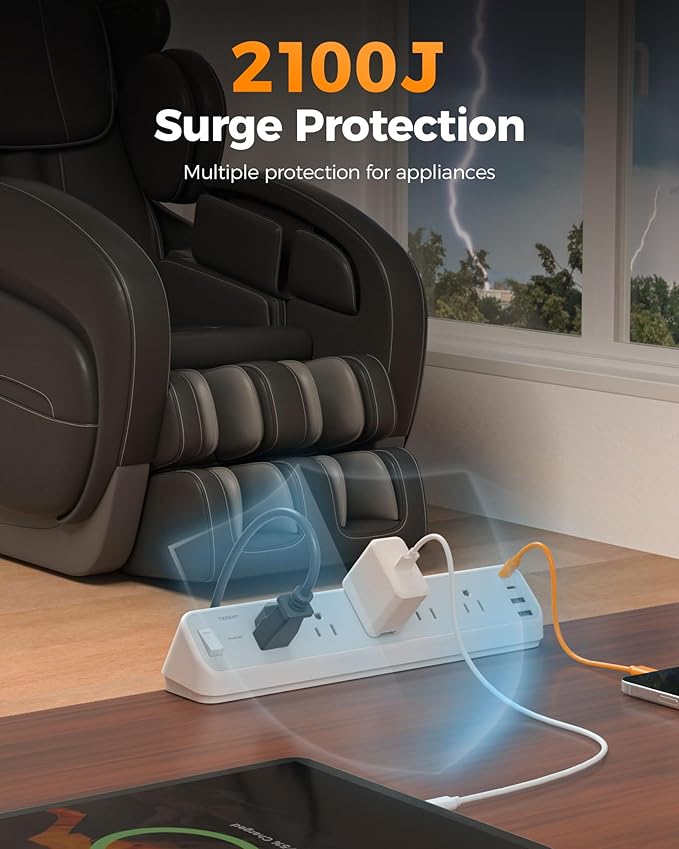 TESSAN Desk Clamp Power Strip 10 Ft, 2100J Surge Protector Desk Charging Station, 5 Outlets with 4 USB Ports (2 USB C), Flat Plug Extension Cord with Multiple Outlets for Home Office Dorm Room, Grey