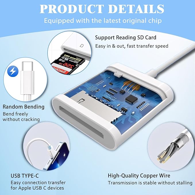 iPhone SD Card Reader USB C, Digital Camera Adapter iPhone 17, Trail Camera SD Card Reader USB C Memory Card Reader for iPhone 17/16/15/iPad/MacBook/iMac/Galaxy/Android