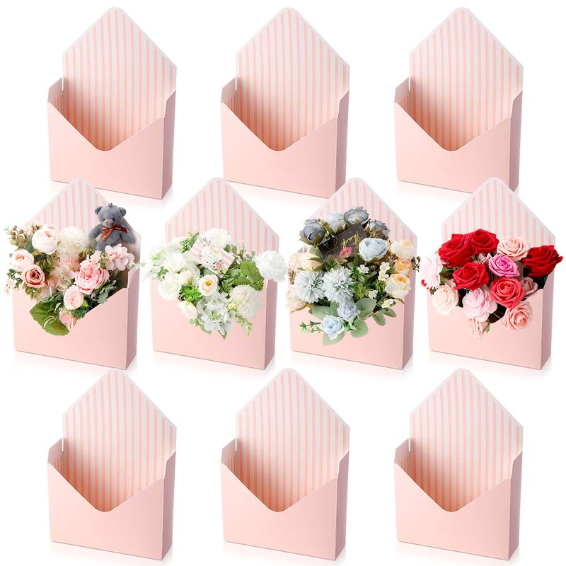 Geyee 10 Pcs Graduation Floral Bouquet Envelope Boxes Pink Flower Bouquet Packaging Gift Paper Wrapping Flower Bags for Arrangements Mother's Day Wedding Party Birthday, 9.3‘' x 3‘' x 13.8''