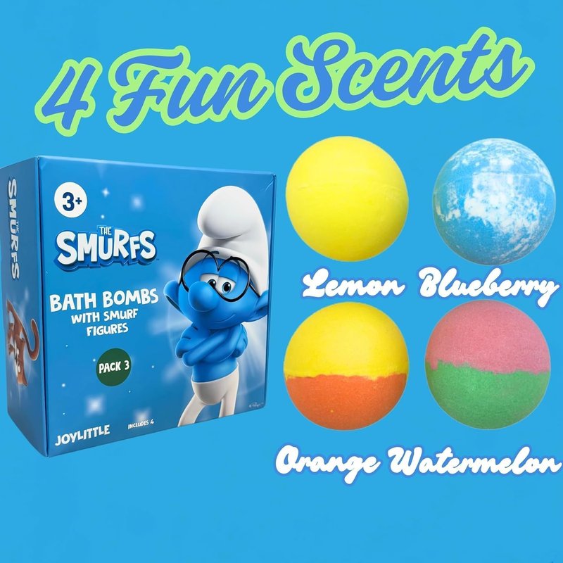 Smurfs Bath Bombs with Action Figures - Brainy, Handy, Blossom & Azrael | Fun Gift Set (Pack of 3)