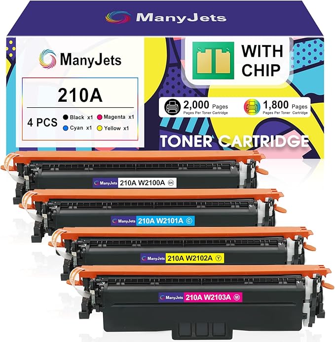 ManyJets 210A Toner Cartridges 4 Pack with Chip Compatible for HP 210A/210X W2100A/W2100X High Yield Replacement for Color LaserJet Pro MFP 4301fdw/4301fdn/4201dw/4201dn Series Printer (4-Pack, BCMY)