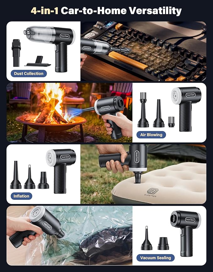 Abanso Car Vacuum Portable Cordless, 16000Pa Handheld Vacuum Mini Vacuum Cleaner High Power with Best Suction Brushless Motor, 4 in 1 2-Speed Air Duster Portable Vacuum for Car Keyboard Pet Hair
