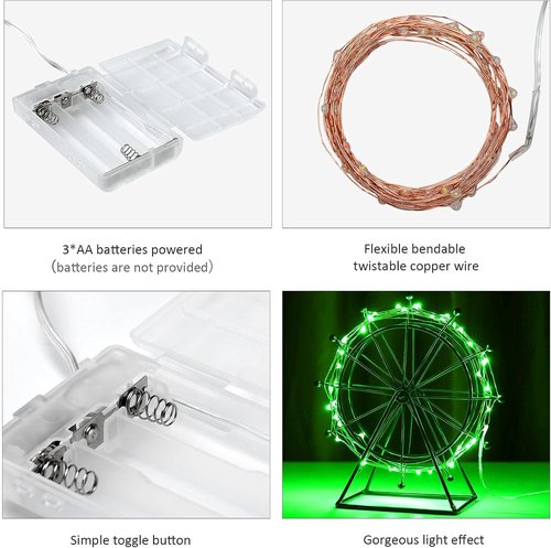 Ariceleo Mini Fairy Lights - Battery Operated Copper Wire String Lights | 16ft Green for St. Patrick's Day, Parties & Weddings