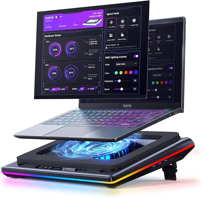 llano V12 Ultra Laptop Cooling Pad with Smart Software Control, RGB Gaming Laptop Fan Cooler Stand, 5.5" Turbo Fan, Adjustable Speed, 3-Port USB 3.0 Hub, 3 Height Stands, for 15.6"-19" Laptops, Black