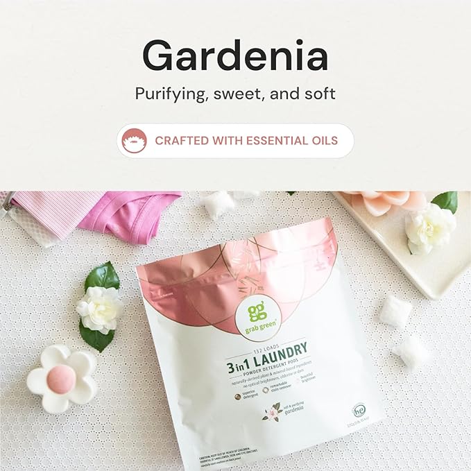 Grab Green 3-in-1 Laundry Detergent Pods, Gardenia Scent, Plant and Mineral Based, Superior Cleaning Power, Stain Remover, Brightens Clothes, White, 60 Count