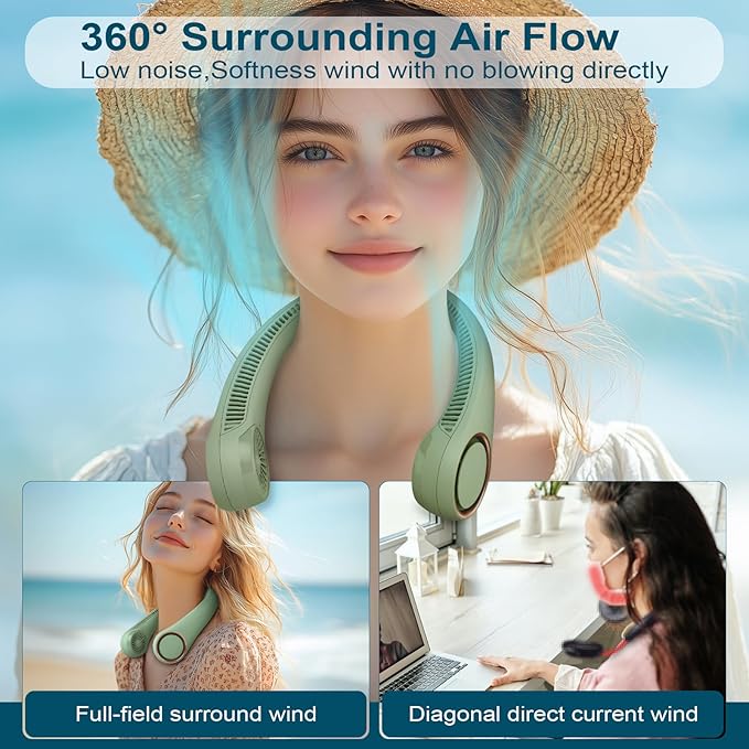 CIVPOWER Neck Fan: Portable Personal Neck Cooling Rechargeable Bladeless Fan - Hands Free 3 Speed 4000 mAh Battery USB Operated Wearable Headphone Design - Gift for Men Women Outdoor (Light Green)