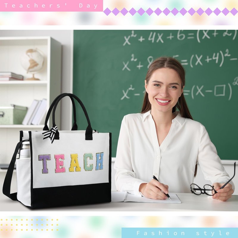 Abbylike 2 Pcs Teacher Appreciation Gifts for Women Canvas Chenille Letter Tote Bag with Makeup Bag Reusable Thank You Teacher Tote Gift for End of Year Graduation Birthday Teacher's Day Party Favor
