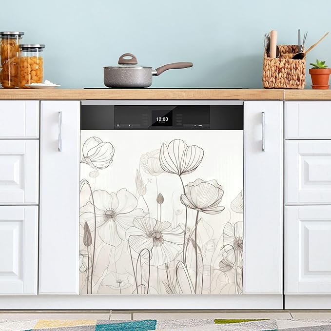 Vnurnrn Dishwasher Magnet Cover Line Drawn Flowers Print, Dish Washer Cover for Kitchen Decor, Easily Trimmable Dishwasher Sticker Refrigerator Magnetic Cover 23Ã26 in