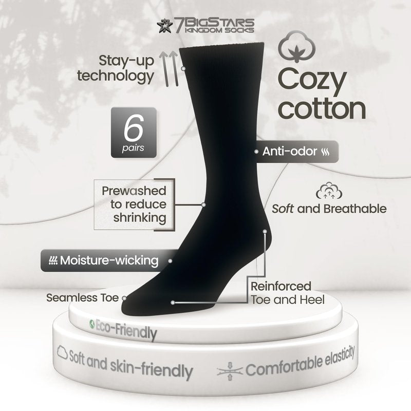 7BIGSTARS KINGDOM Men's Dress Socks Cotton - 6 Pack Large - Solid Casual Crew Lightweight Business Work Sock Size 10-13 Shoe 9-12 L Dark Navy
