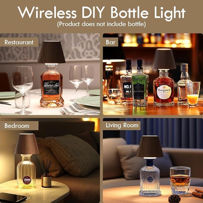 WILIT 2 Pack Wine Wirelss Bottle Lamp, 3-Level Brightness Cordless Table Lamp Shades, Rechargeable Battery Operated for Bedroom, Living Room, Kitchen Counter, Women