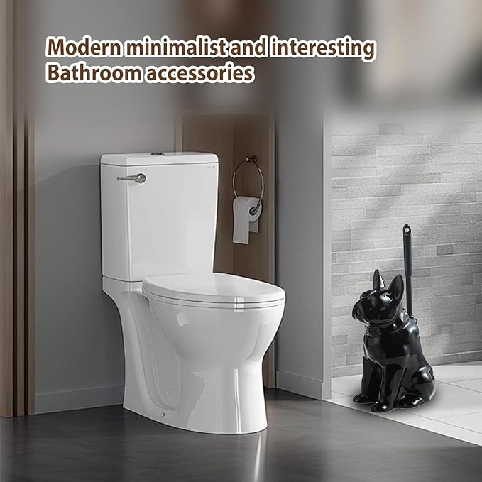 Shar Pei Hideaway Toilet Brush Holder - Concealed Brush Storage, Modern Black Ceramic Bathroom Organizer with Sturdy Brush & Foam Protection, Dog Lover Gift