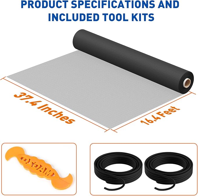 MAGZO Window Screen Replacement Mesh Roll, 37.4in × 16.4ft 40x40 Mesh for Porch Doors Repair Kit, Ultra Heavy Duty Woven for Garden, Patio DIY Projects