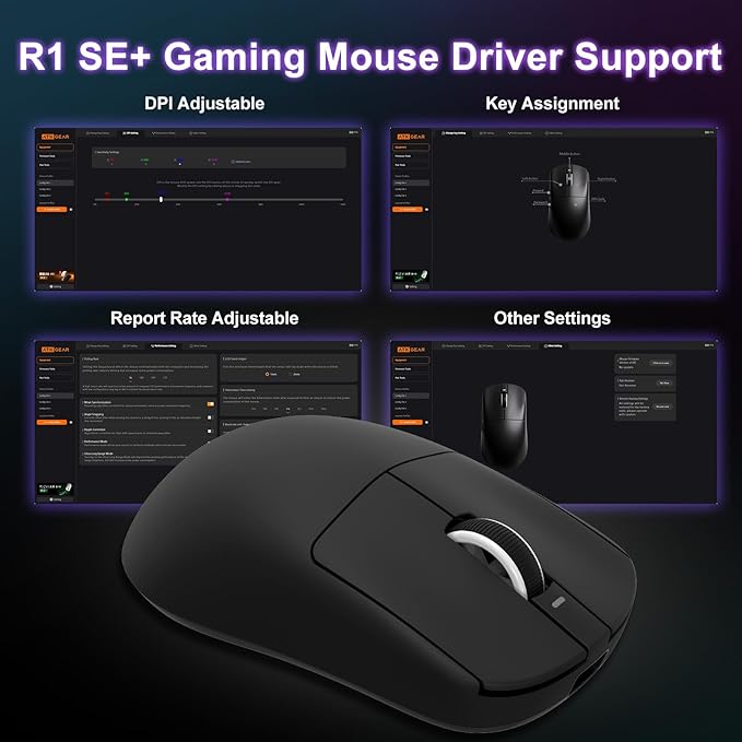 MIKIBY R1 SE+ Gaming Mouse, 18000 DPI, High-Precision PAW3395 SE Sensor,55g Lightweight, Tri-Mode 2.4G/BT5.0/USB-C Mouse, Programmable Ergonomic Mouse for Laptops/PC/Mac (Black)