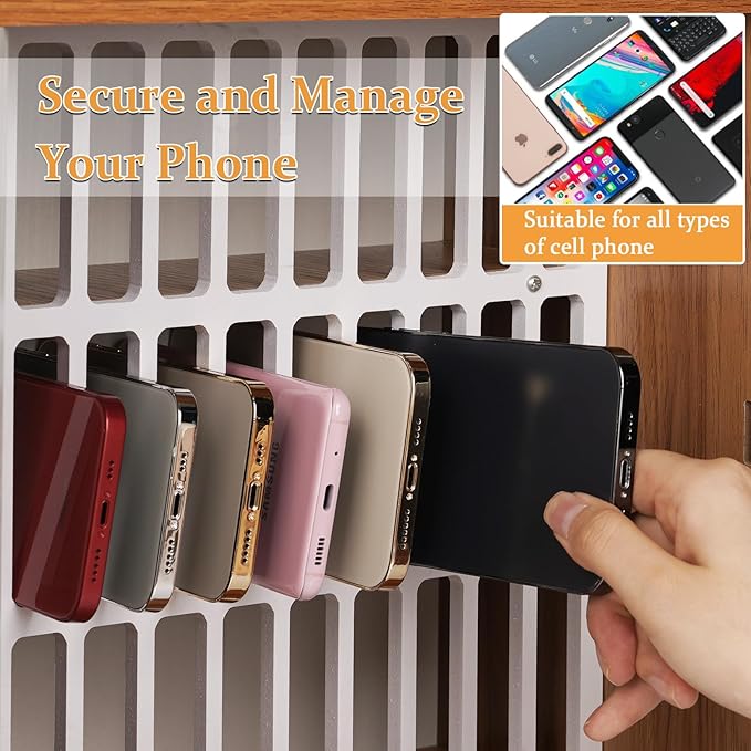 Lzttyee Cell Phone Holder Classroom 33 Slots Wooden Cell Phone Storage Cabinet Pocket Chart with Handle and Security Lock for Classroom Office (33 Grid Cabinet Cherry)