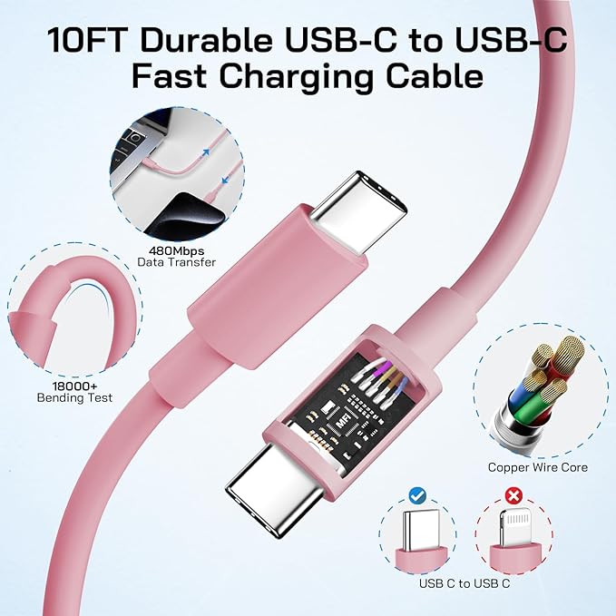 30W USB C i Phone 17 16 15 Charger Fast Charging, 2PACK Wall Charger for iPhone 16 15 Pro Max Charger Cord 10FT Fast Type C Block for iPhone 17 Pro Max/17 Air/16/15 Plus/15 Pro Max,i Pad Pro, Pink