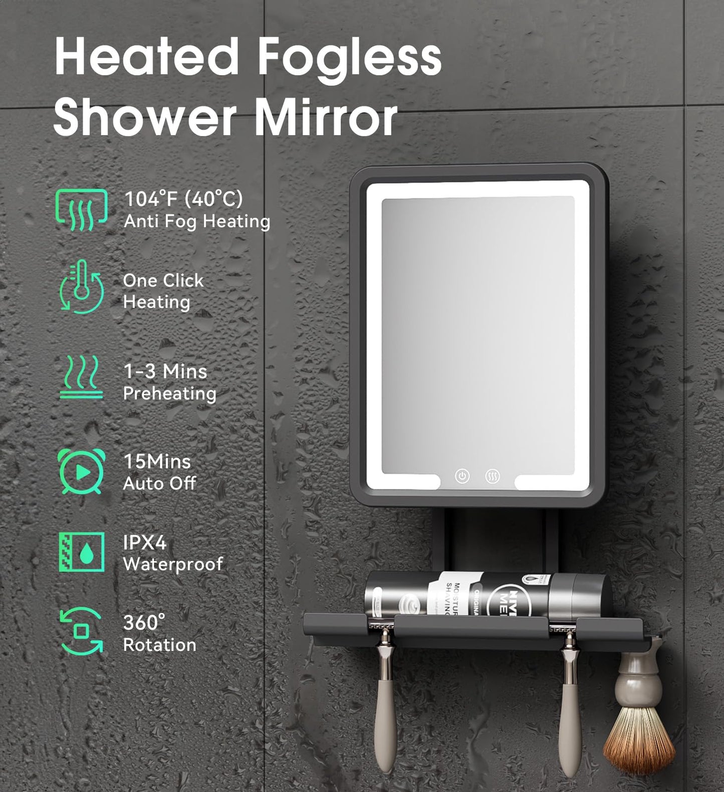 Quick Clear Shower Mirror Fogless for Shaving with Light - Electric Heated Shaving Mirror, No Water Needed, Rechargeable Anti Fog Bathroom Mirror, Dual Mount Installation, IPX4 Waterproof