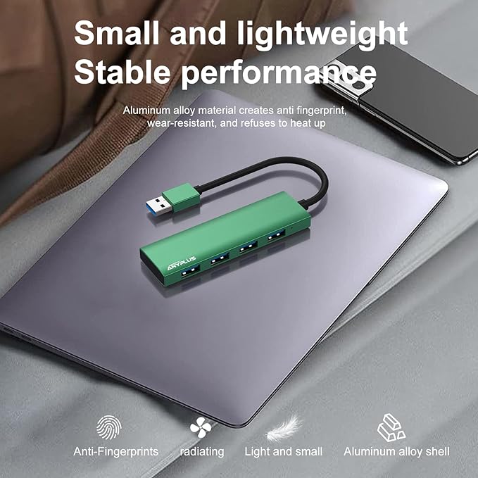 ANYPLUS USB Hub, USB 3.0 Hub Aluminum Alloy Ultra Slim USB Splitter, Portable 4 Port USB Extender, USB Hub for Laptop, PC, MacBook, iMac, Surface Pro, Mac Pro, Flash Drive, XPS 【Green】
