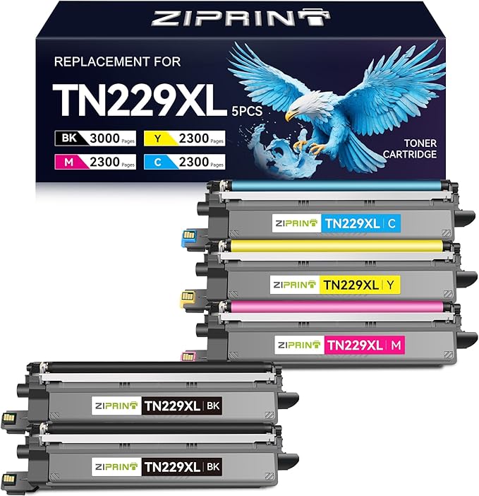 ZIPRINT TN229XL TN229 Toner 5 Pack Compatible Replacement for Brother TN229 TN229XL Toner Cartridges for MFC-L3780CDW HL-L3280CDW MFC-L3720CDW HL-L3220CDW HL-L3300CDW HL-L3295CDW Printer