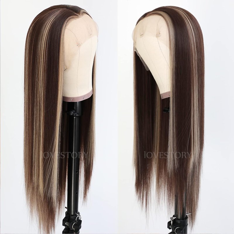 Brown Hair Highlights Lace Front Wig - Long Straight Synthetic Hair, Heat Resistant | 13x3 Size