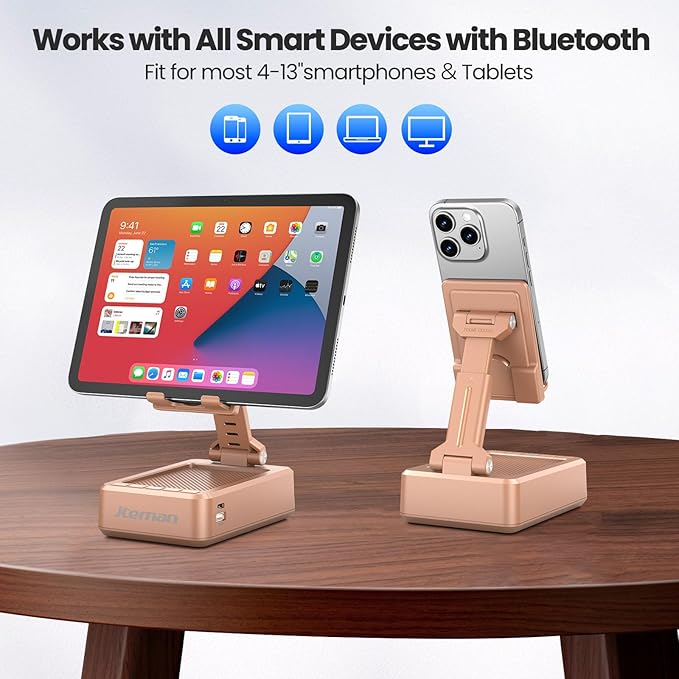 JTEMAN Cell Phone Stand with Bluetooth Speaker and Charging Function, HD Sound Adjustable Phone Holder, Birthday Gifts for Men Women, Cool Tech Kitchen Gadgets for All Phones,Tablet (Rose Gold)