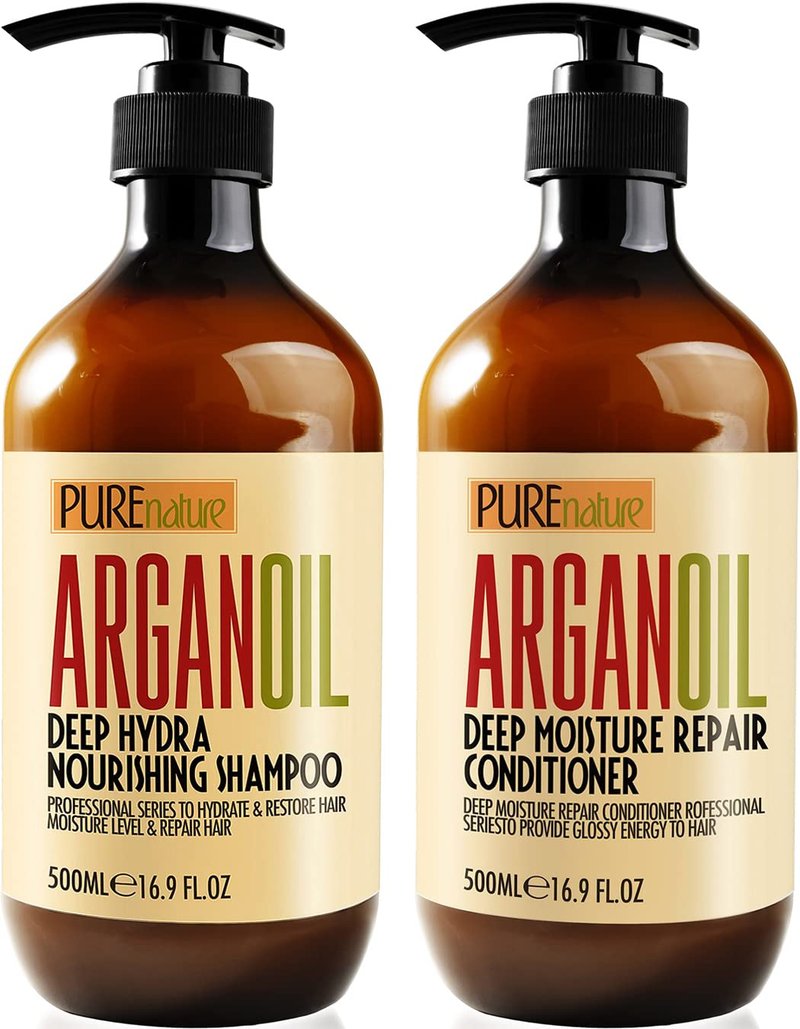 PURE NATURE Moroccan Argan Oil Shampoo and Conditioner and Hair Serum with Biotin, Castor, Rosemary Oil
