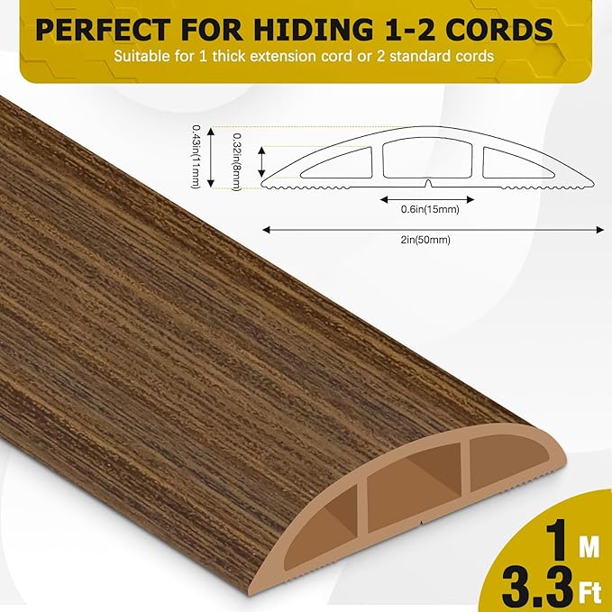 JAHOMFAI Floor Cord Cover 3.3FT Cord Covers for Wires on Floor Protect Wires & Prevent Trip Hazards, Easy to Cut for Home, Office, School, Concerts, Cavity W0.6in x H0.32in