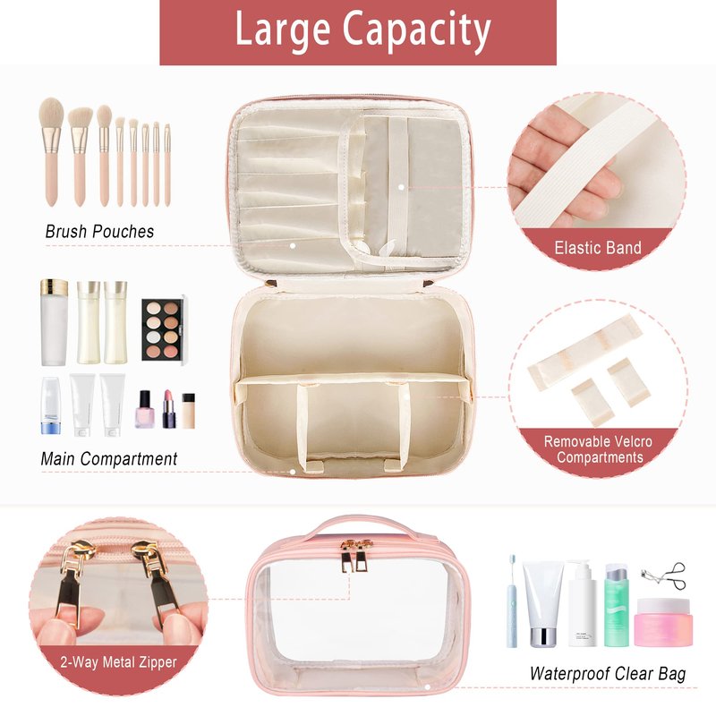 Ebbniur Makeup Bag, 2 PCS PU Leather Cosmetic Bags, Portable Travel Makeup Case, Large Makeup Organizer with Clear Makeup Bag for Women (Pink)